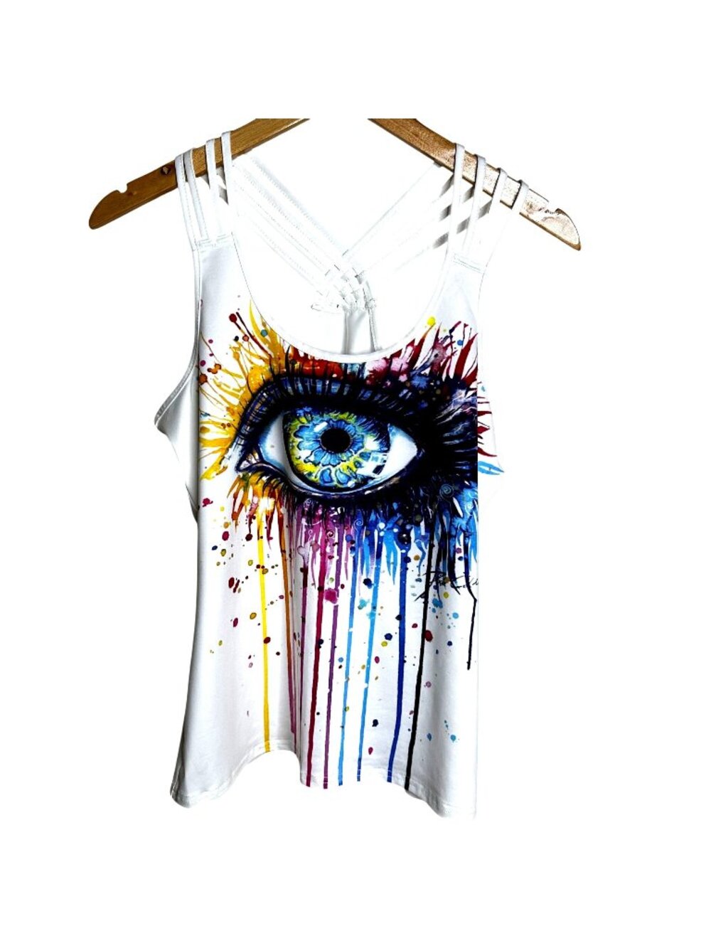 EYECOPI KOPIE White Eye Graphic Criss Cross Strappy Tank Top L Streetwear Rave